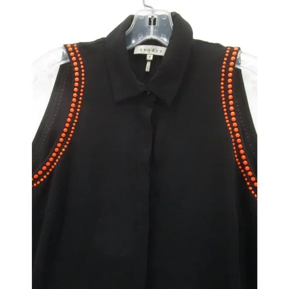 Sandro Top 3 Paris Blouse Studded Button Up Collared Career Large - Picture 2 of 11